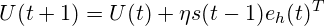 \begin{equation*} U(t+1) = U(t)+\eta s(t-1)e_{h}(t)^T \end{equation*}